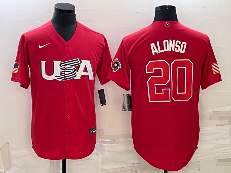 Men 2023 World Cub USA #20 Alonso Red Nike MLB Jersey10